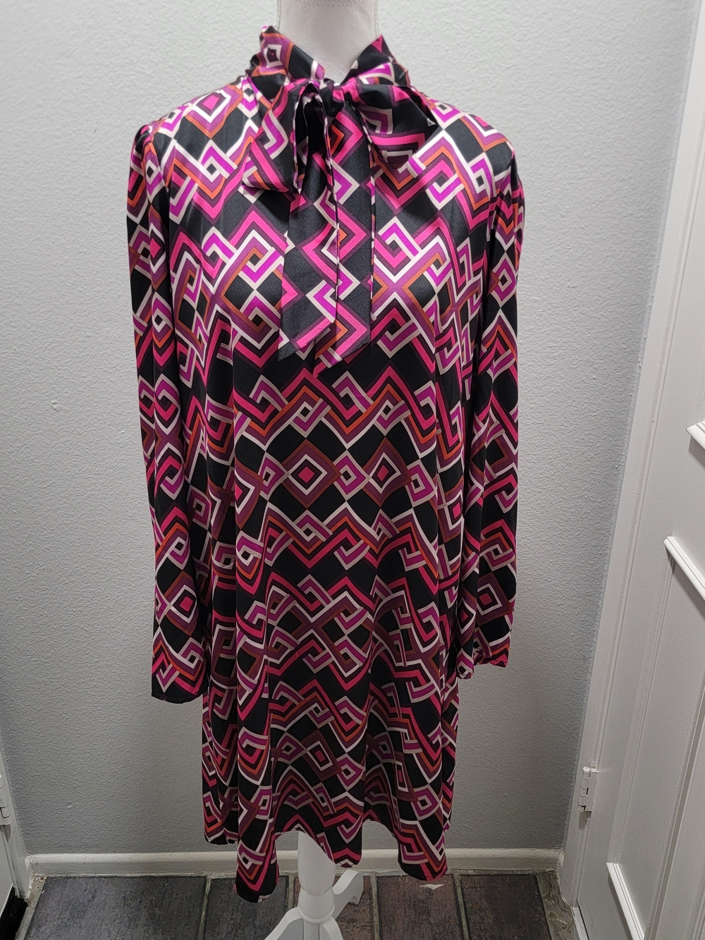 Joseph Ribkoff Black and Pink Geometric Tie-Neck Long Sleeve Dress